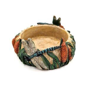 Vintage Resin Dragonfly in the Reeds Pillar Candle Holder Cattails Pond Scene 5"